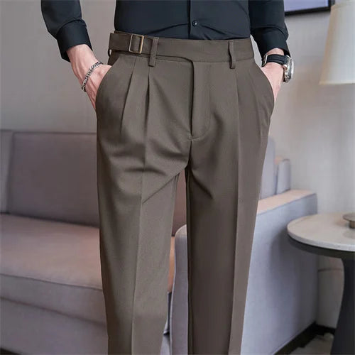 Pure Color Male Business Wedding Dress Pants Fashion Unique Design Men Waist Adjustable Suit Pant No Belt Slim Trousers Homme