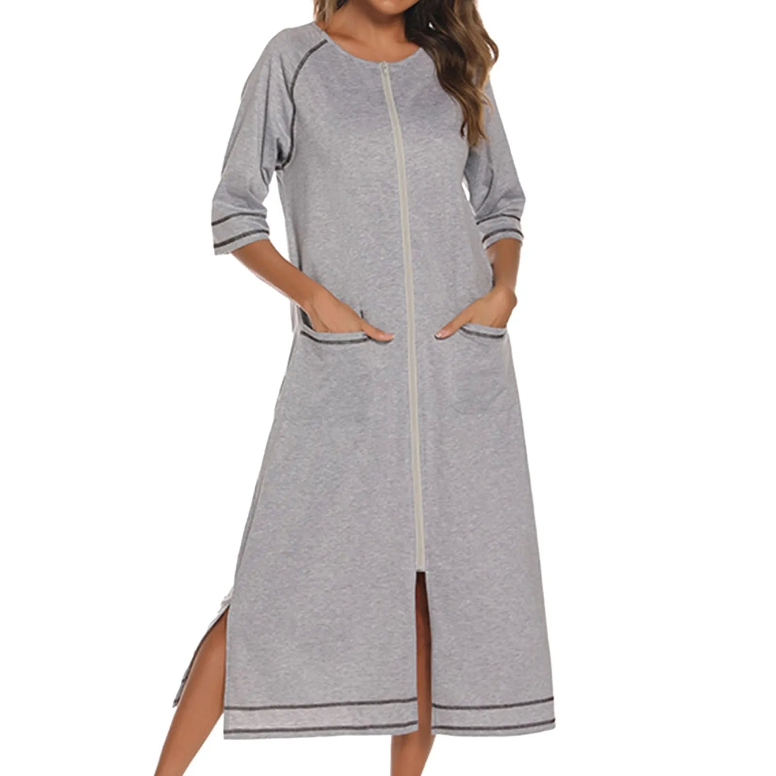 Summer Dresses For Women 2024 Zipper Front Robe Half Sleeve Bathrobe Full Length Soft Cotton Duster Dress With Pockets Home Wear