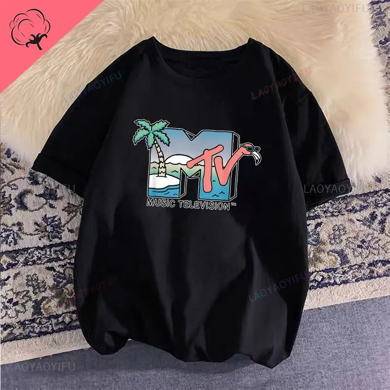 Woman Clothing Retro Cotton T Shirt Vintage Rock Hip Hop Modal Summer Unisex Casual Shirt Mtv Music Elevision Graphic Shirts