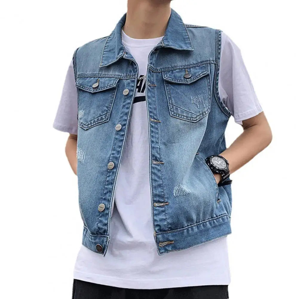 Denim Waistcoat Men's Sleeveless Denim Jacket with Ripped Holes Pockets Single Breasted Washed Waistcoat for Casual Loose Fit