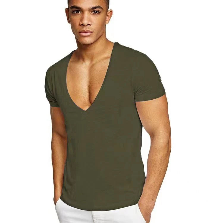 MRMT 2025 Brand New Men's Fitness And Leisure Summer Cotton Sweat-Absorbent Solid Color European Size Deep V-Neck T-Shirt Tops