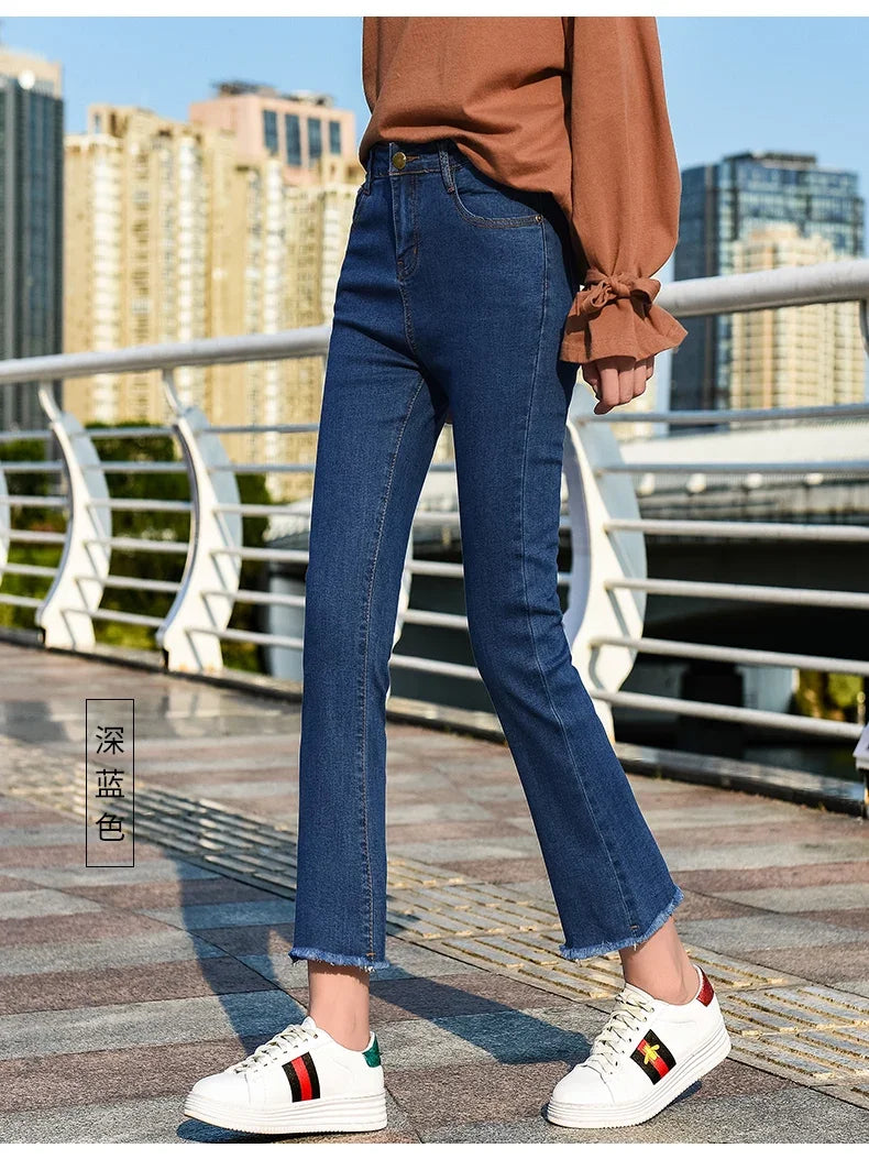 New Fashion Blue Fur-lined Ankle-Lenght High Waisted Jeans Woman Casual Lim-Fit Denim Trousers Female Girls Vintage Bell-bottoms