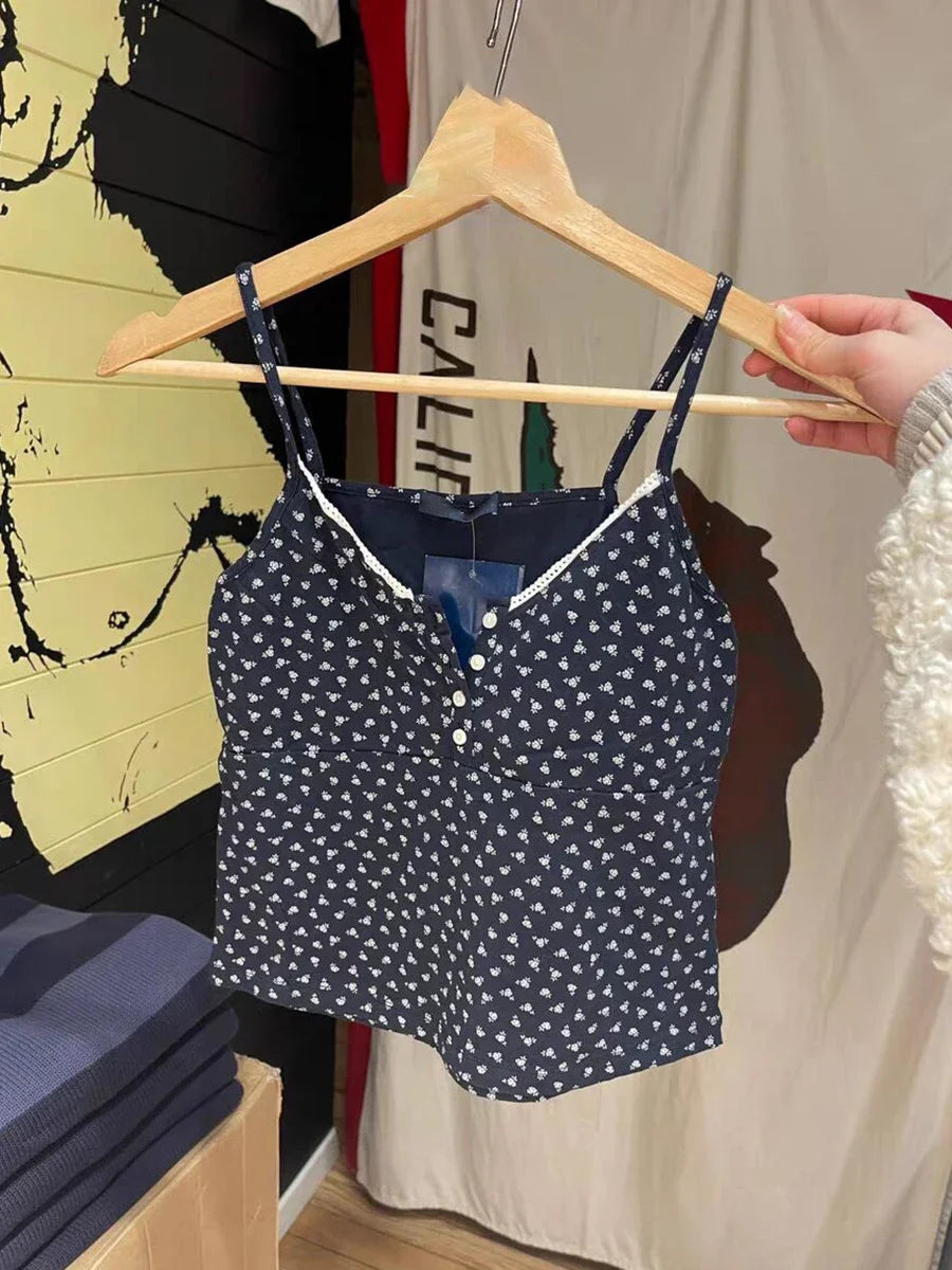 Sweet Floral Vest Shorts Set Woman Summer Lace Trim Slim Camis Buttons Elastic Waist Short Pant Casual Cotton 2 Pieces Sets