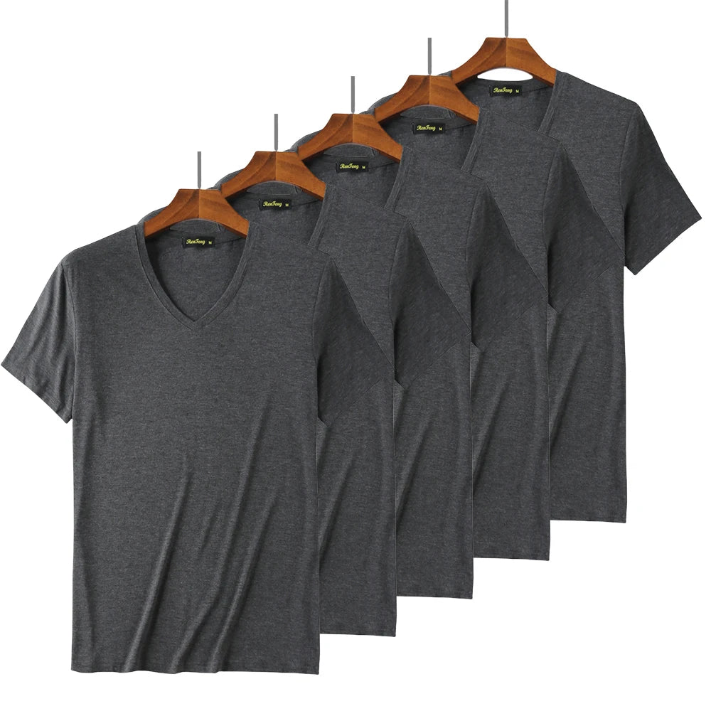 5 Packs Soft Bamboo Viscose V Neck T-shirts Man Fitness Gym Summer Short Sleeve Tees Men Clothing Comforttable White Undershirt