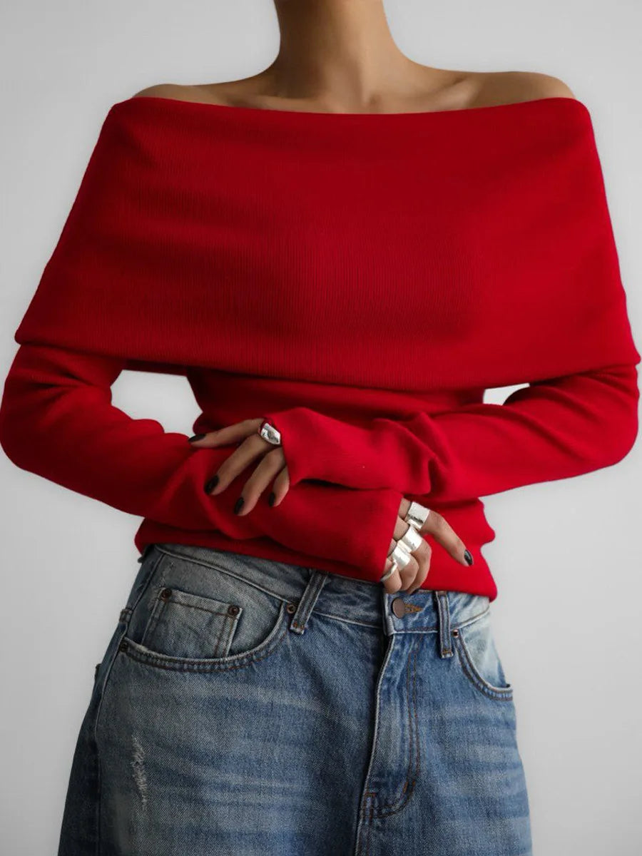 Off Shoulder Women Gray Sweater Knitwears Top Long Sleeve Pullovers Tops Outerwears Sweaters Clothing Red Black White Brown New