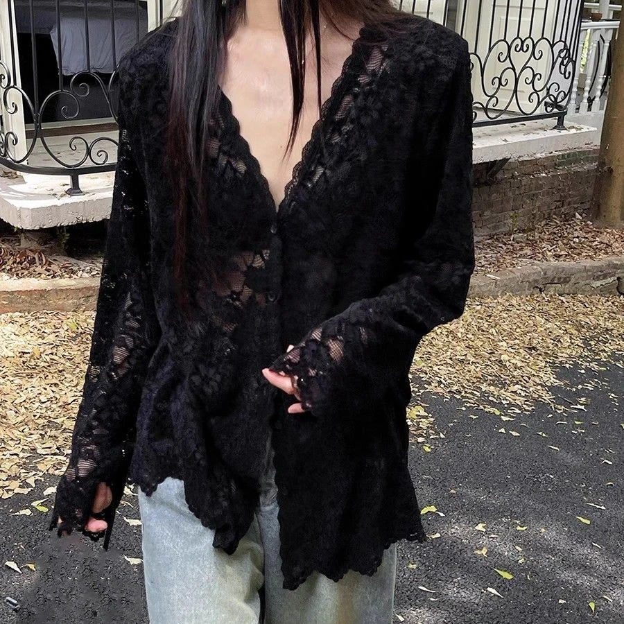 Sexy Lace See Through Grunge Blusas Y2k Aesthetic Single Breasted Oversized Women Blouse Vintage Embroidery Flower Harajuku Tops