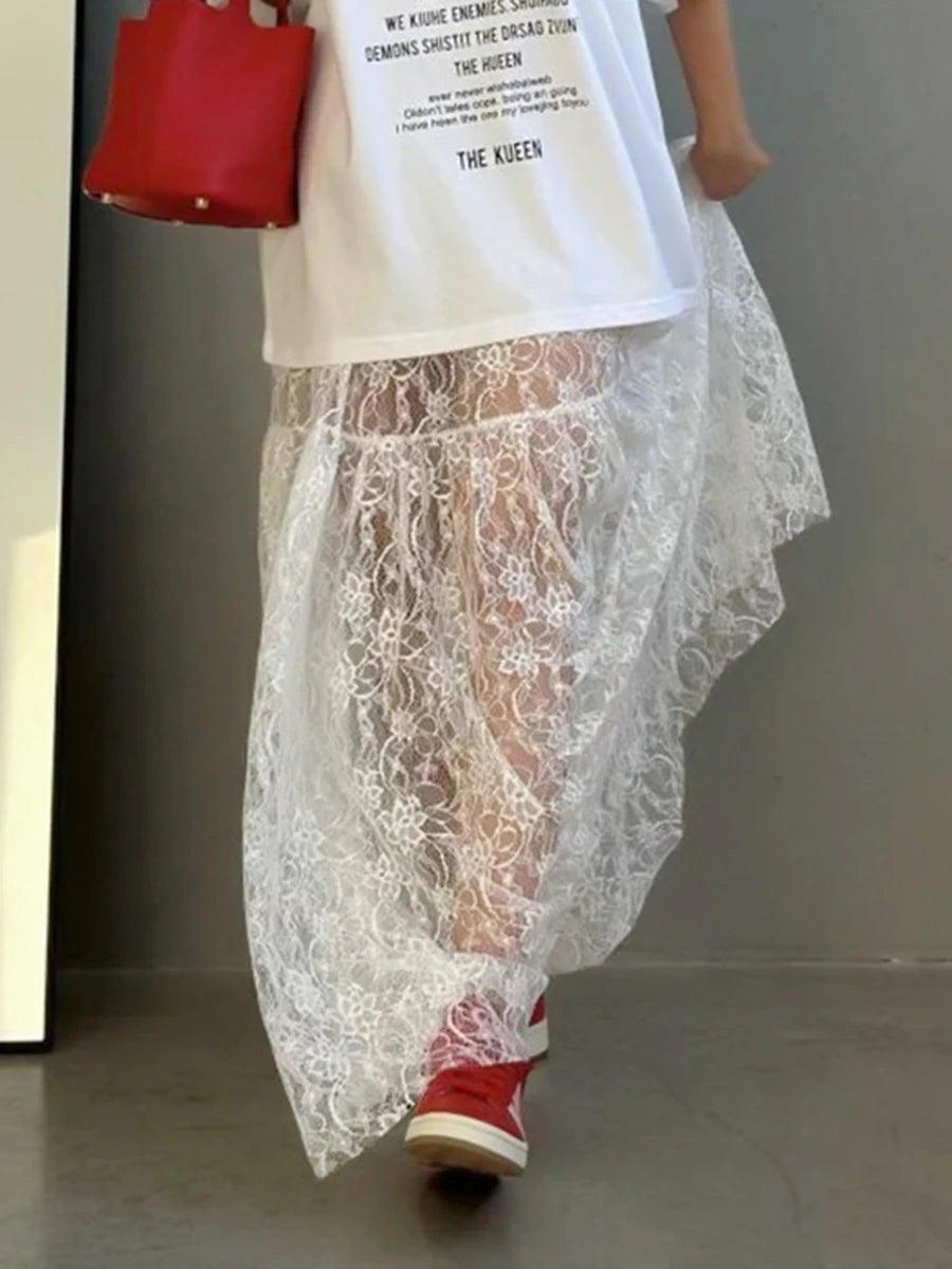 Lace Jacquard Transperant Skirt Women Summer New High Waist Sexy Casual Long Skirts 2025 Streetwear Fashion White Maxi Skirt