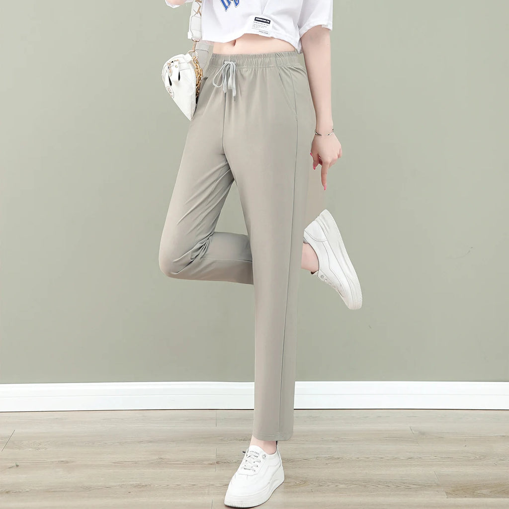 New Women'S Fashion Loose Summer Thin Ice Silk Pants Mom'S Casual High Waist Comfortable Versatile Sports 9-Point Trousers