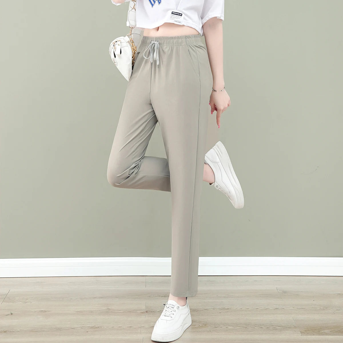 New Women'S Fashion Loose Summer Thin Ice Silk Pants Mom'S Casual High Waist Comfortable Versatile Sports 9-Point Trousers