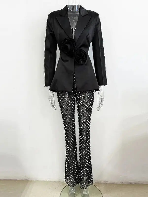 HIGH STREET Newest 2025 Designer Runway Fashion Women's Hollow Out Flowers Appliques Pearls Beaded Blazer Gauze Pants