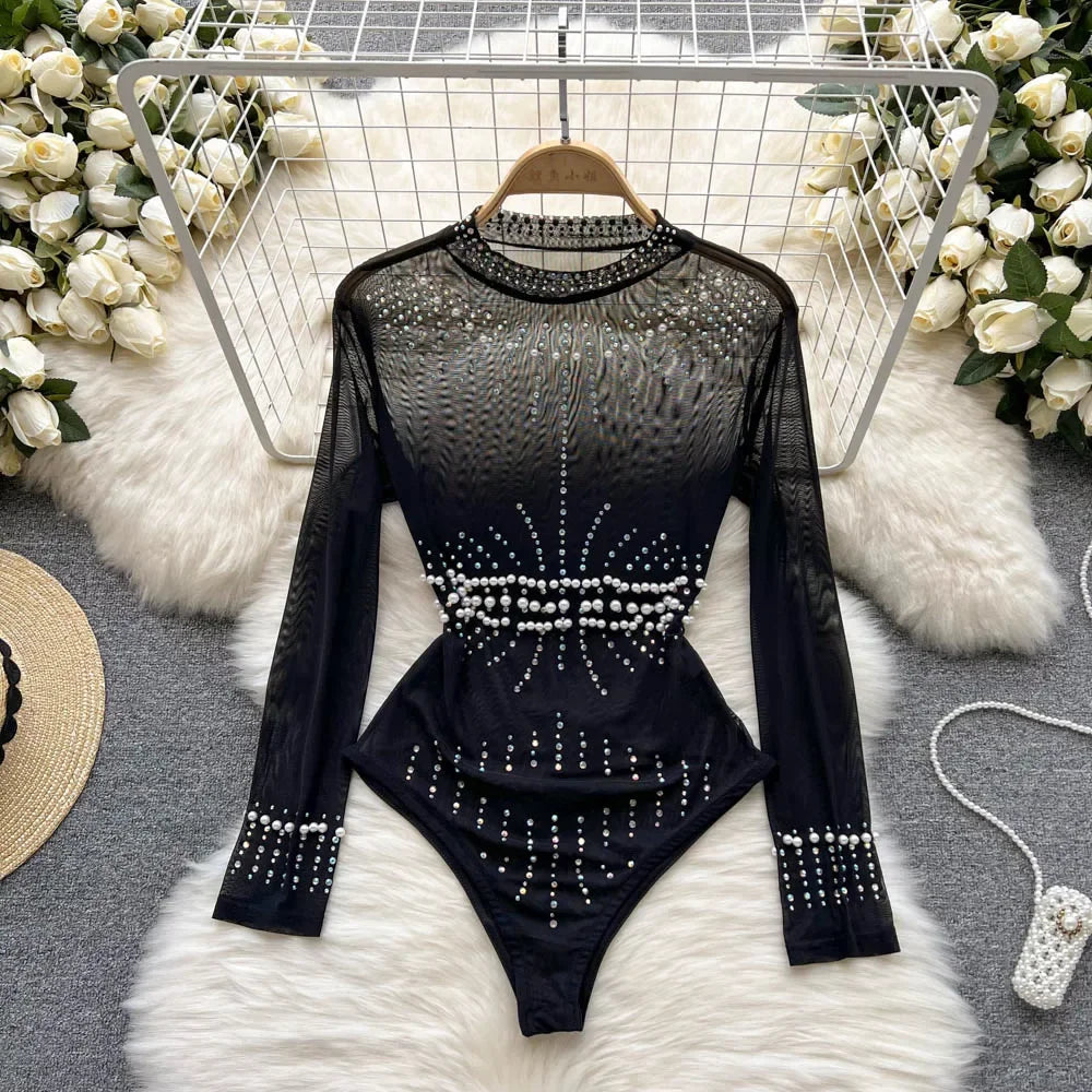 Beading Sequins Mesh Bodysuits Women O Neck Summer Sexy Party Club Long Sleeves Ladies Fashion Solid Rompers dropshipping