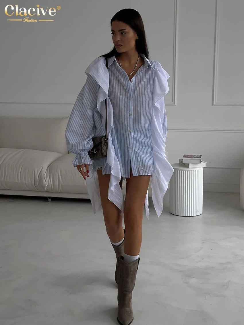 Clacive Fashion Loose Stripe Print Women'S Shirts Casual Lapel Long Sleeve Blouse Elegant Classic Patchwork Top Femlae Clothing