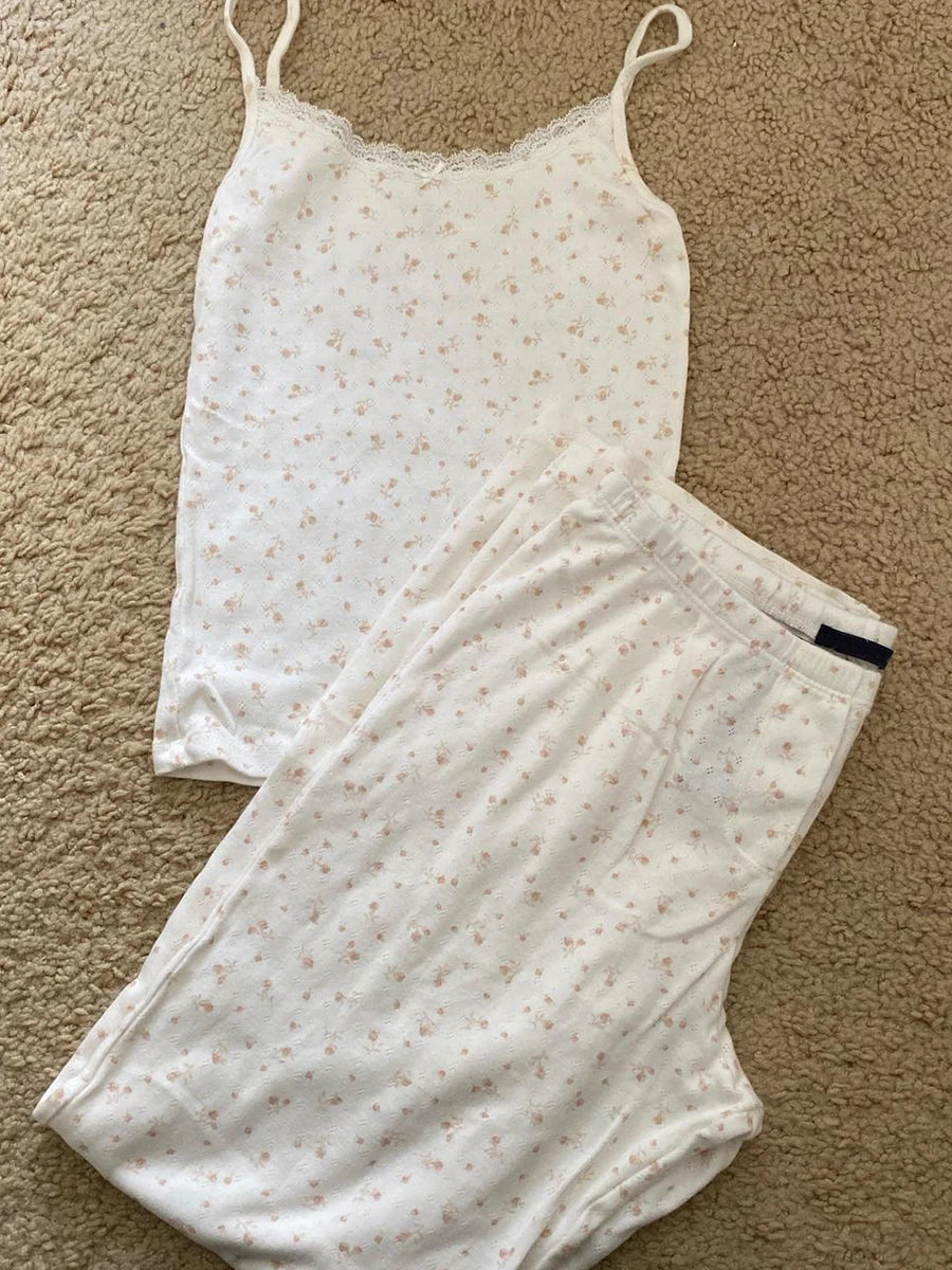 Skull Print Gray Vest Pants 2 Pieces Set Pajama Woman Sleeveless Slim Tank Top High Waist Straight Long Pant Cotton Vintage Sets
