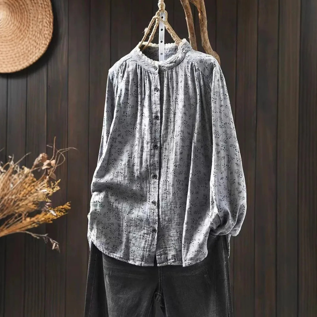 Women Long Sleeve Cotton Shirt New Arrival 2024 Autumn Vintage Style Lace Stand Collar Loose Female Casual Tops Shirts M283