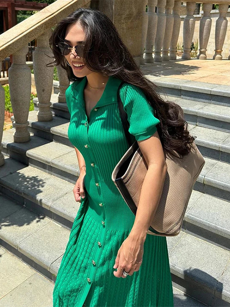 Knit Solid Women's Dress Short Sleeve O Neck Lady Dresses 2025 Elegant Summer Single Breasted Hip Package High Waist Female Rube