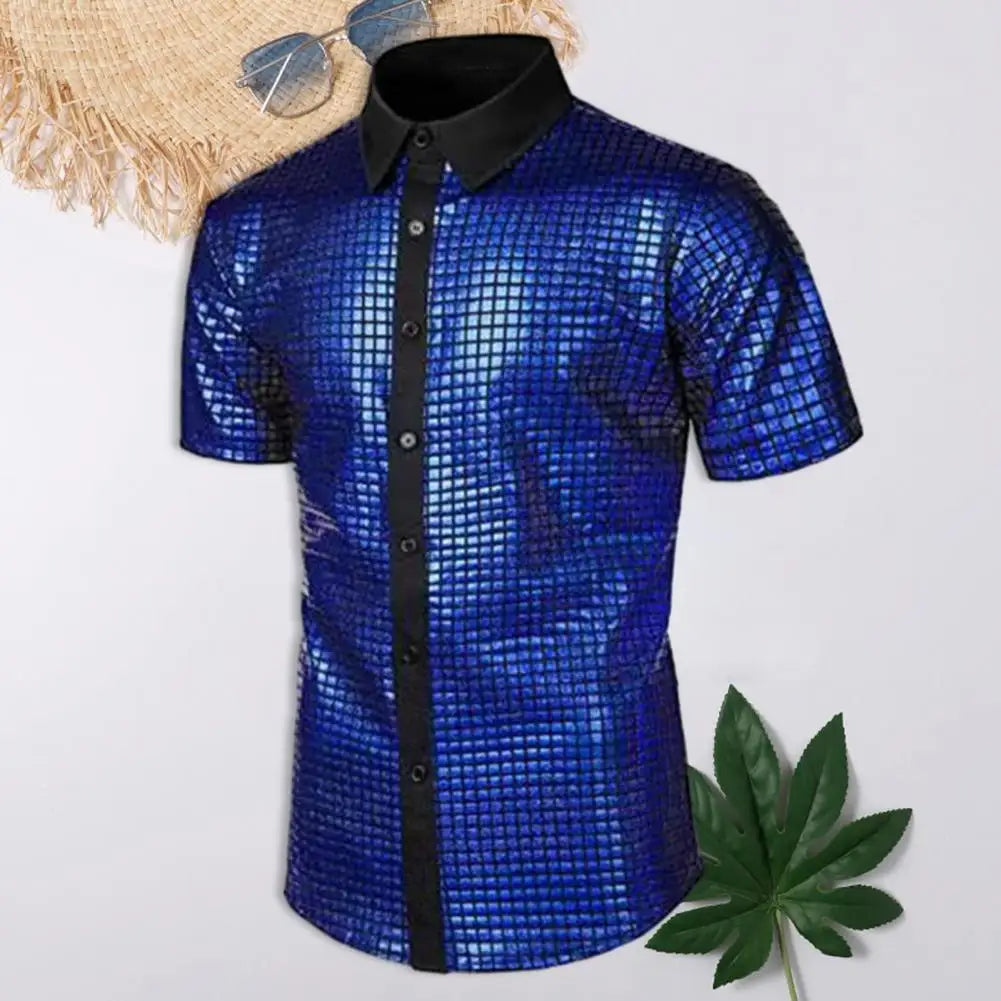 Men Club Shirt Vintage 70s Disco Men's Club Shirt with Reflective Sequins Turn-down Collar Short Sleeve Button Down for Parties