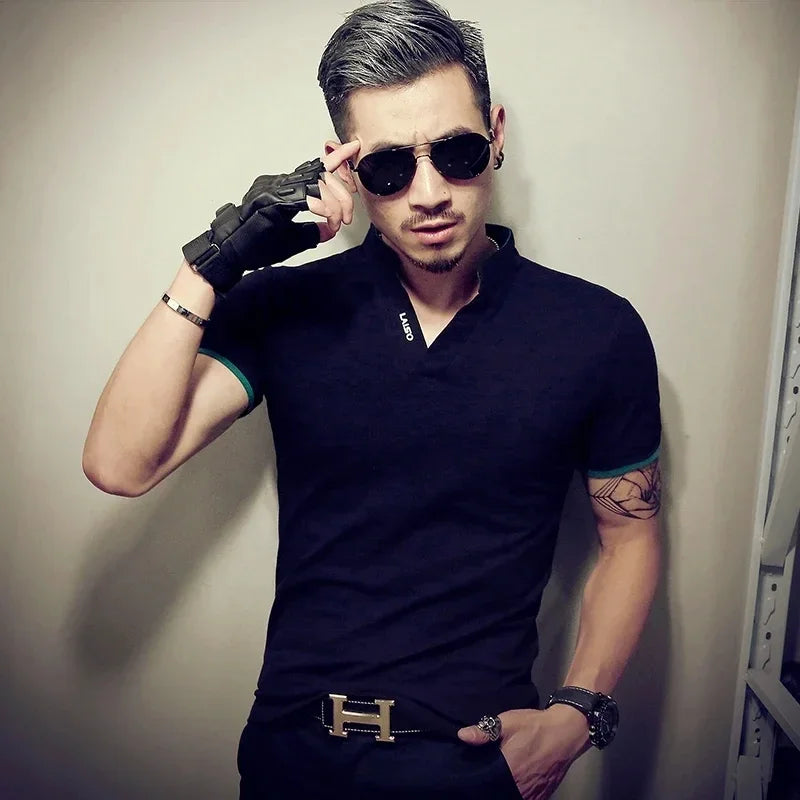 Men's V Neck Polo Shirts 2024 Summer Fashion Solid Short Sleeve T Shirt Men Collar Slim Fit Mens Top Tees Shirt