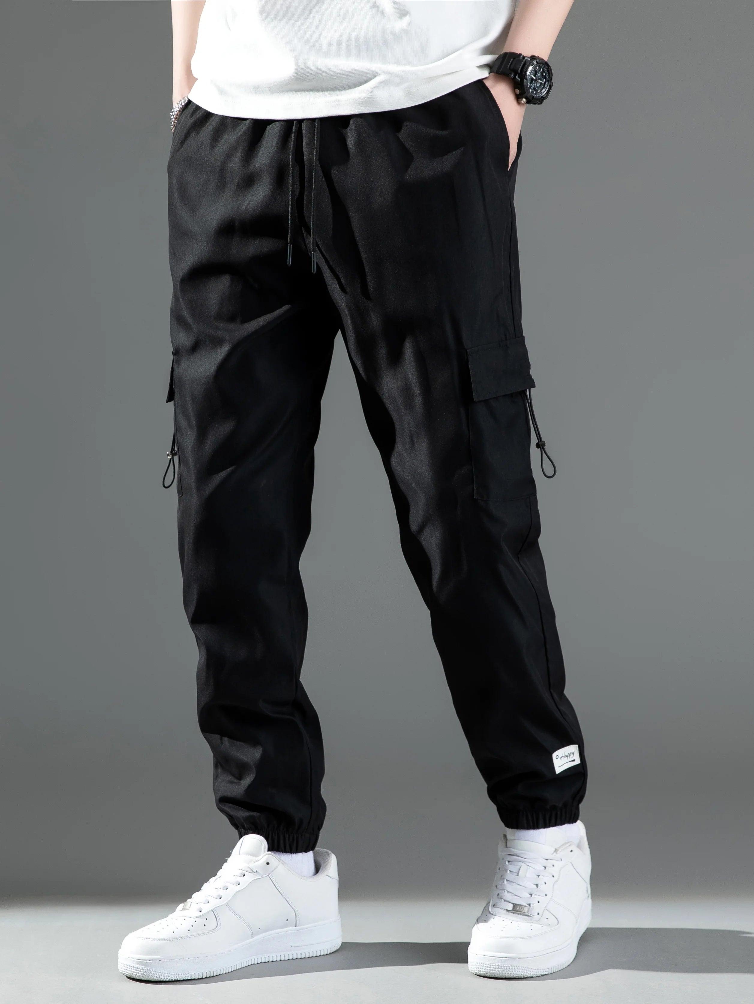Mid Waist Stylish Drawstring Design Men Trouser Polyester Overalls Thermal for Dating Cargo Pants Pocket