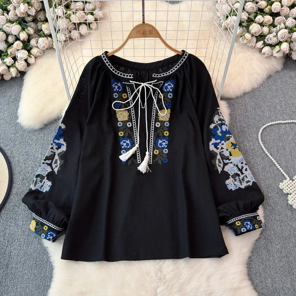 2025 Spring Retro Embroidered Shirt Top Female Lace Up Tassel Loose Lantern Sleeves Ethnic Style Blouse Female A70