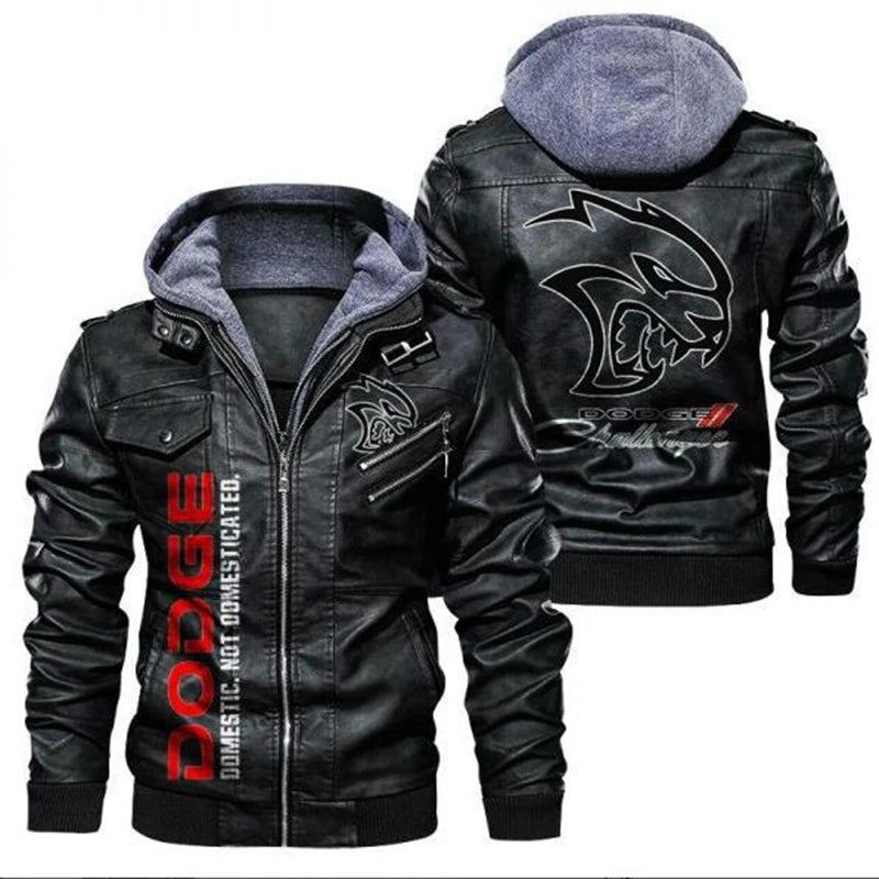 New Autumn Winter Leather Dodge Logo Men's Jacket Removable Hoodied Motorcycle Jacket Men Leather Mens Jackets