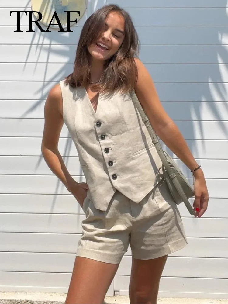 TRAFZA Women Vinatge Fashion Shorts Set Solid White Sleeveless Vest+Pockets Pants Female Two Pieces Set Street Roupa De Mujer