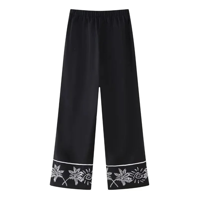 2024 Summer New Women Casual Lapel Short Sleeve Embroidered Shirt Tops Elastic High Waist Straight Pants Women Two Piece Sets