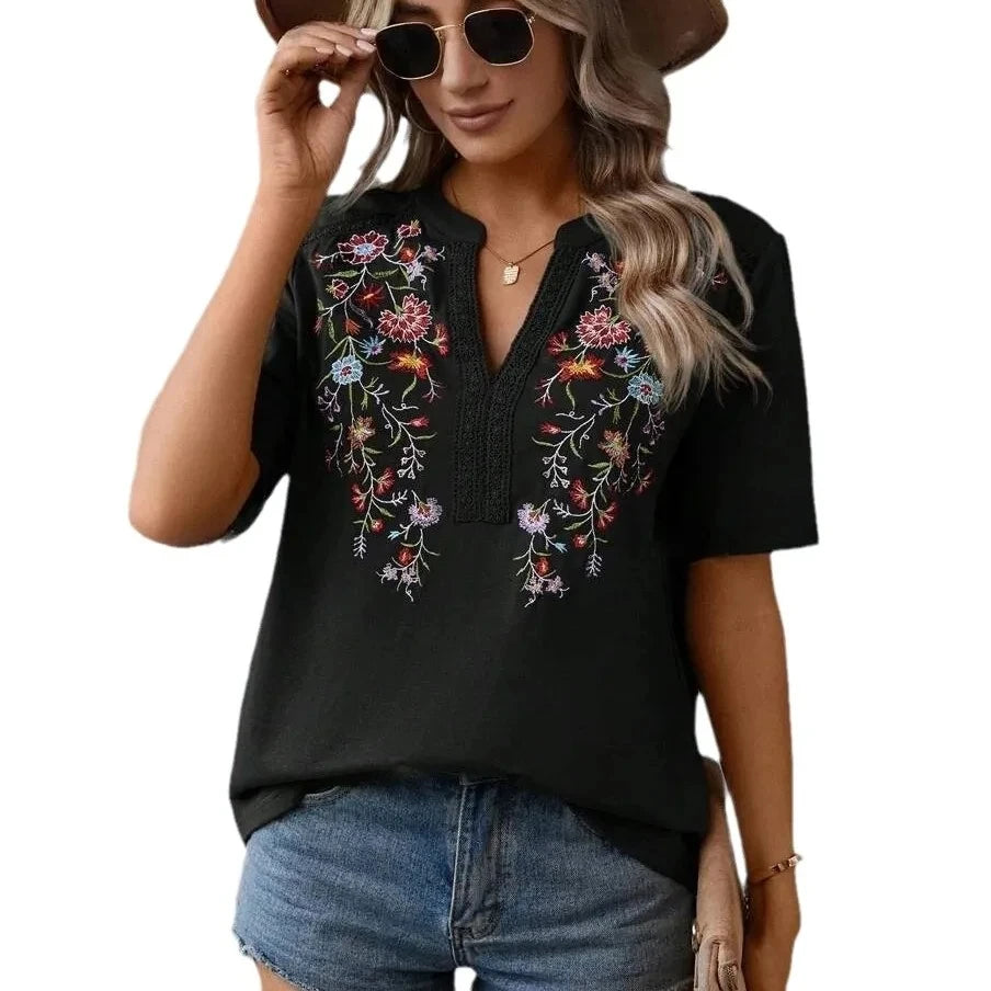 Casual Loose Floral Blouses For Women Fashion 2025 Summer Vintage Women's Short Sleeve Shirts Lace Patchwork Blouse Embroid Tops