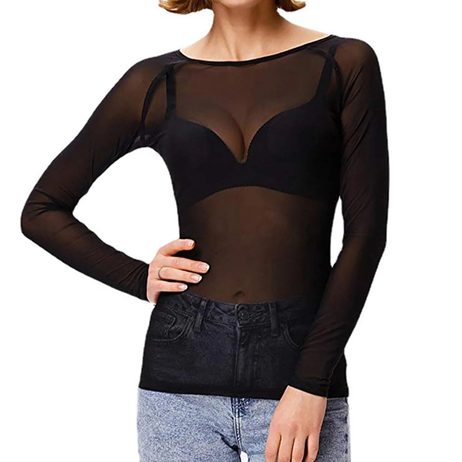 Women Mesh Bottoming Shirt See through O Neck Long Sleeve Lady Blouse Slim Fit Sexy Clear Sun Gauze Tops