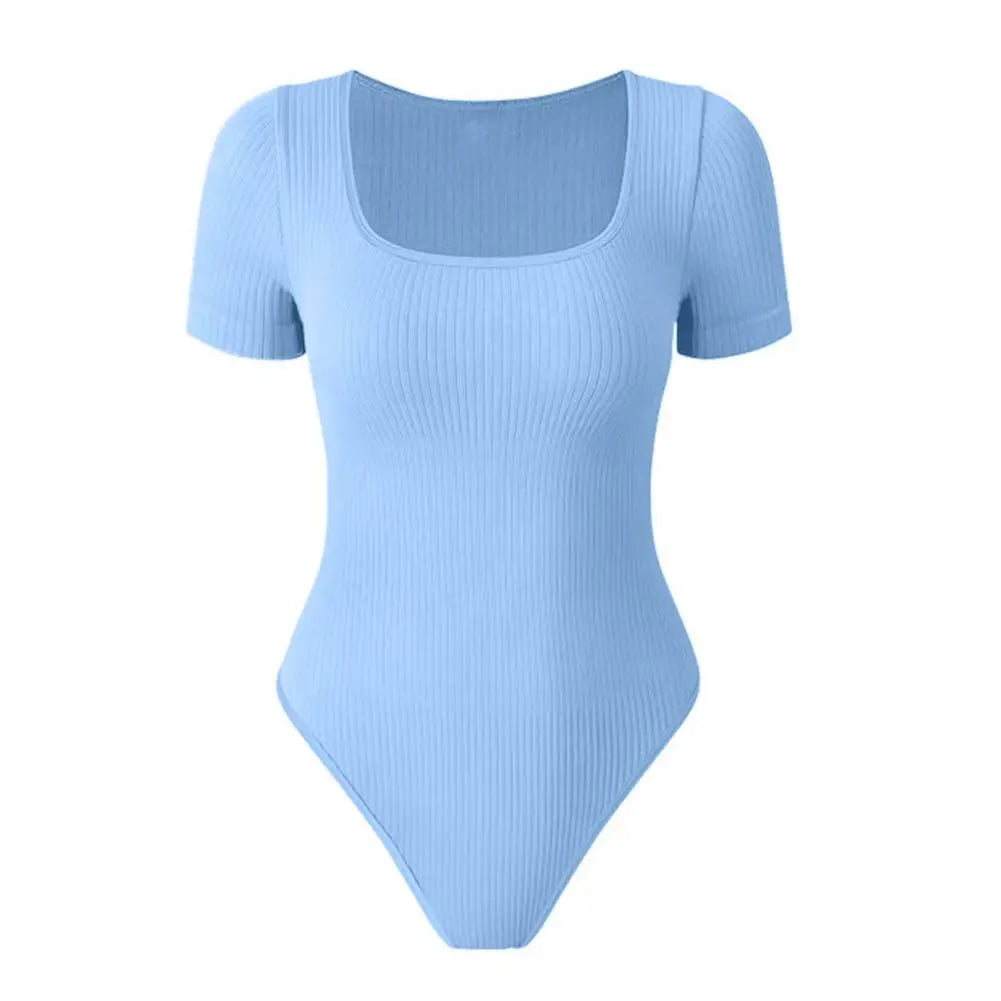 Women Solid Color Playsuit High Elasticity Tummy Control Bodysuit for Women Square Neck Playsuit with Tight Waist Short Sleeves