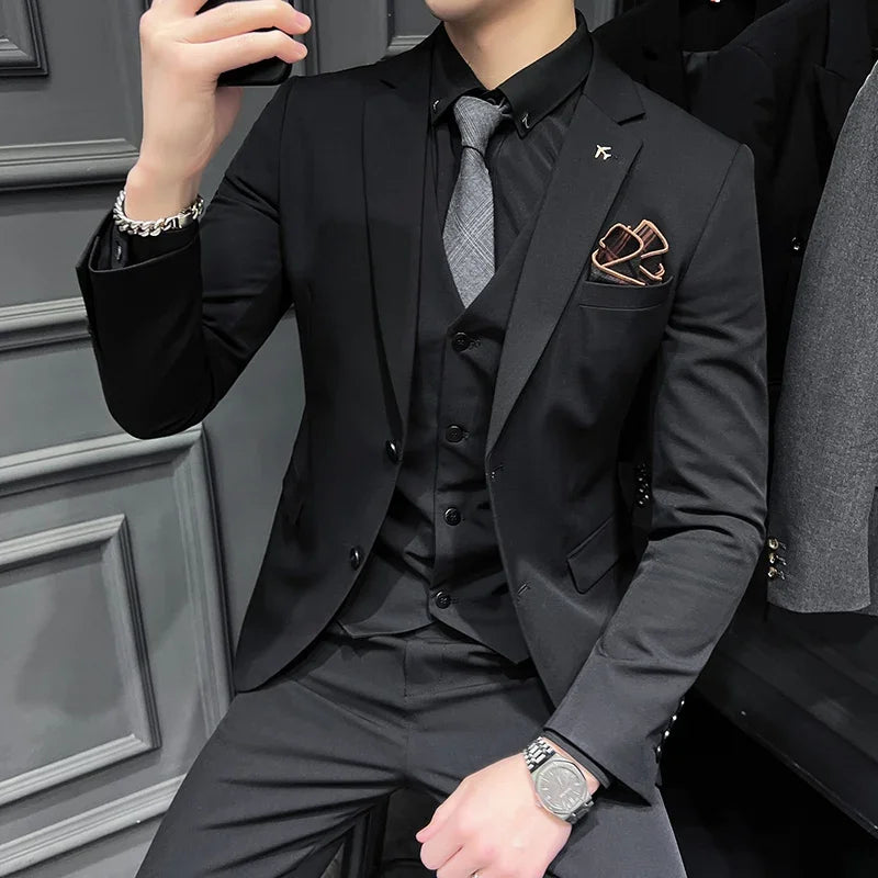 ( Blazer + Vest + Pants ) Boutique Fashion Solid Color Men's Slim Casual Business Suit Three-piece Set Groom Wedding Dress Party