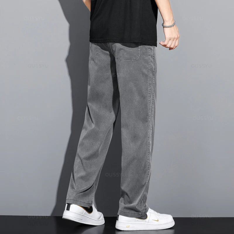 Summer High Quality Lyocell Fabric Jeans Men Loose Straight Thin Elastic Waist Casual Denim Pants Grey Trousers Large Size M-5XL