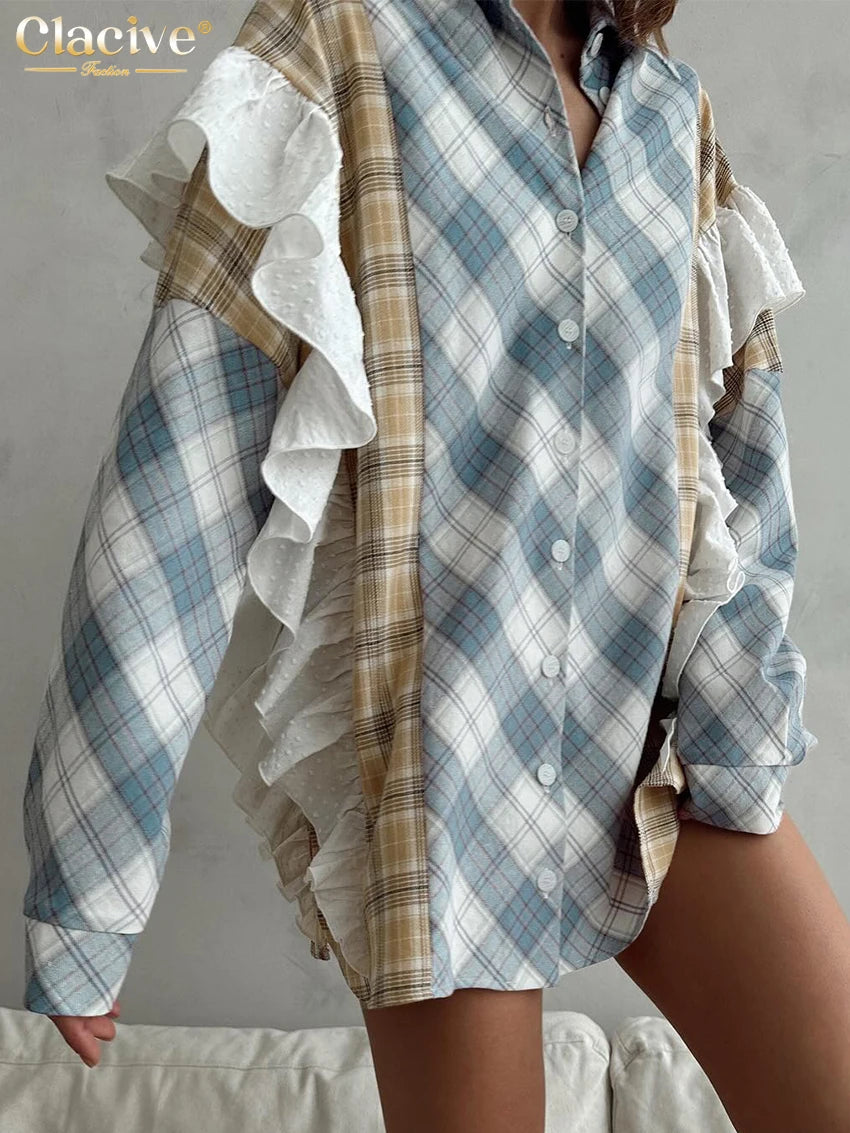 Clacive Fashion Loose Plaid Women's Shirt 2024 Vintage Lapel Long Sleeve Blouses Elegant Classic Ruffle Tops Female Clothing