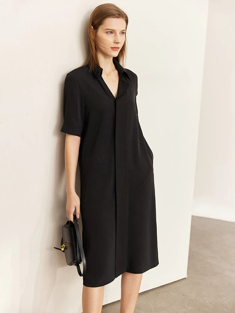 AMII Minimalism Dresses for Women 2023 Summer New Shirt Dress with Belt Waist Office Lady Solid Casual Black Vestidos 12352028