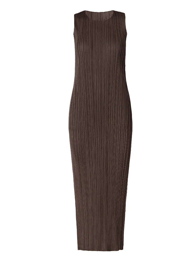 Miyake Pleated Women Dress Summer Sleeveless Long Classic Korean Fashion Casual Elegant Female Lce Water Blue Beach Dress TP5045