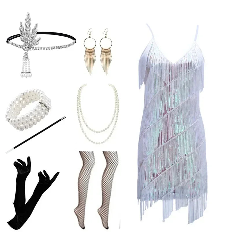 Party Gatsby Dress Evening Ball Gown Bodycon Trend Camisole Tassel Sheath Dress Women Sexy Sequins 1920 Vintage V-neck Dress