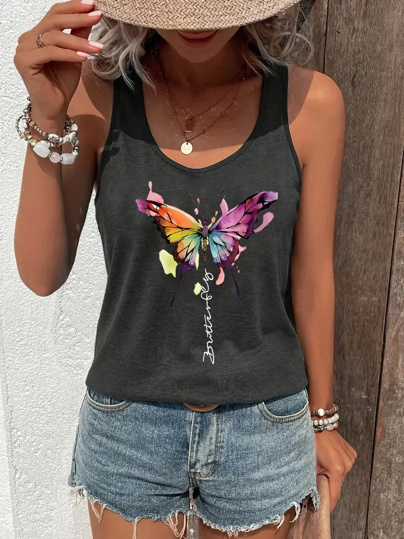 Colorful butterfly Print Women Tank Top Sleeveless Casual Summer New Crew Neck Tops for Women Clothes