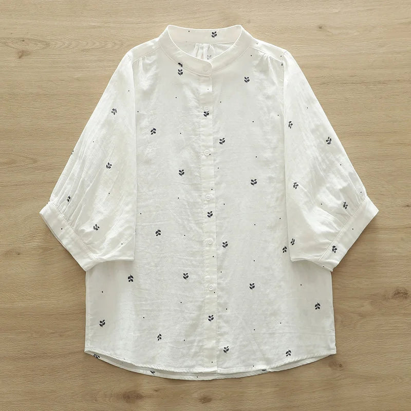 100% Cotton yarn women's shirt 2025 summer Japan style brief short bat sleeve blouses large size tops middle aged women blouses