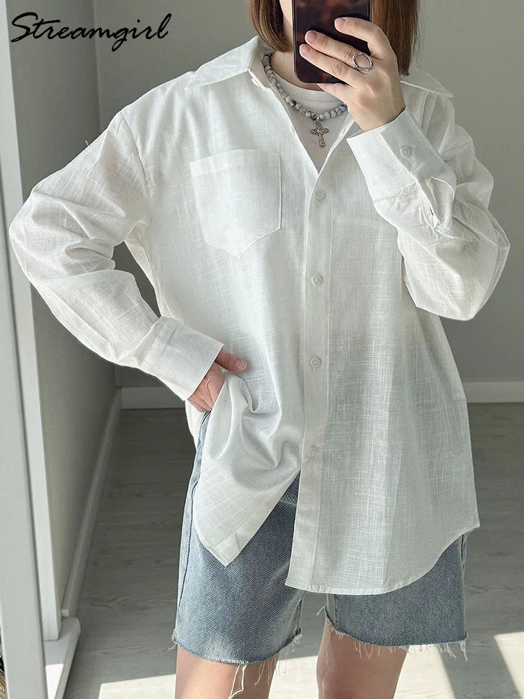 Blue Oversize Women Cotton Linen Shirts And Blouses Long Sleeve Summer Basic White Office Women Shirts Loose Top For Woman Linen