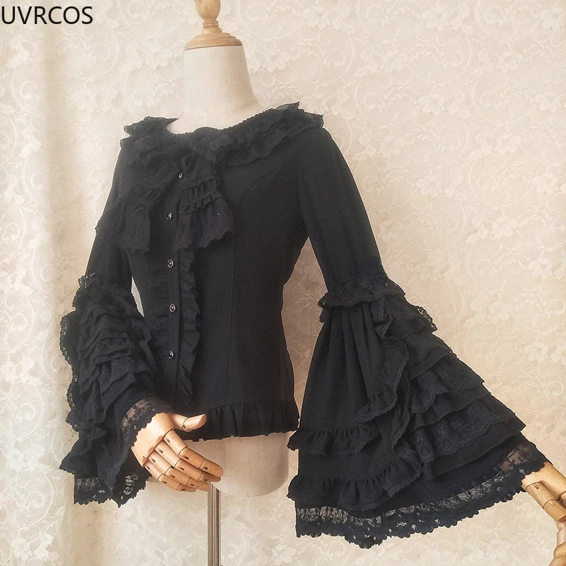 Japanese Victorian Vintage Lolita Shirts Women Vintage Sweet Flare Long Sleeves Slim Tops Female Gothic Y2k Black White Blouses