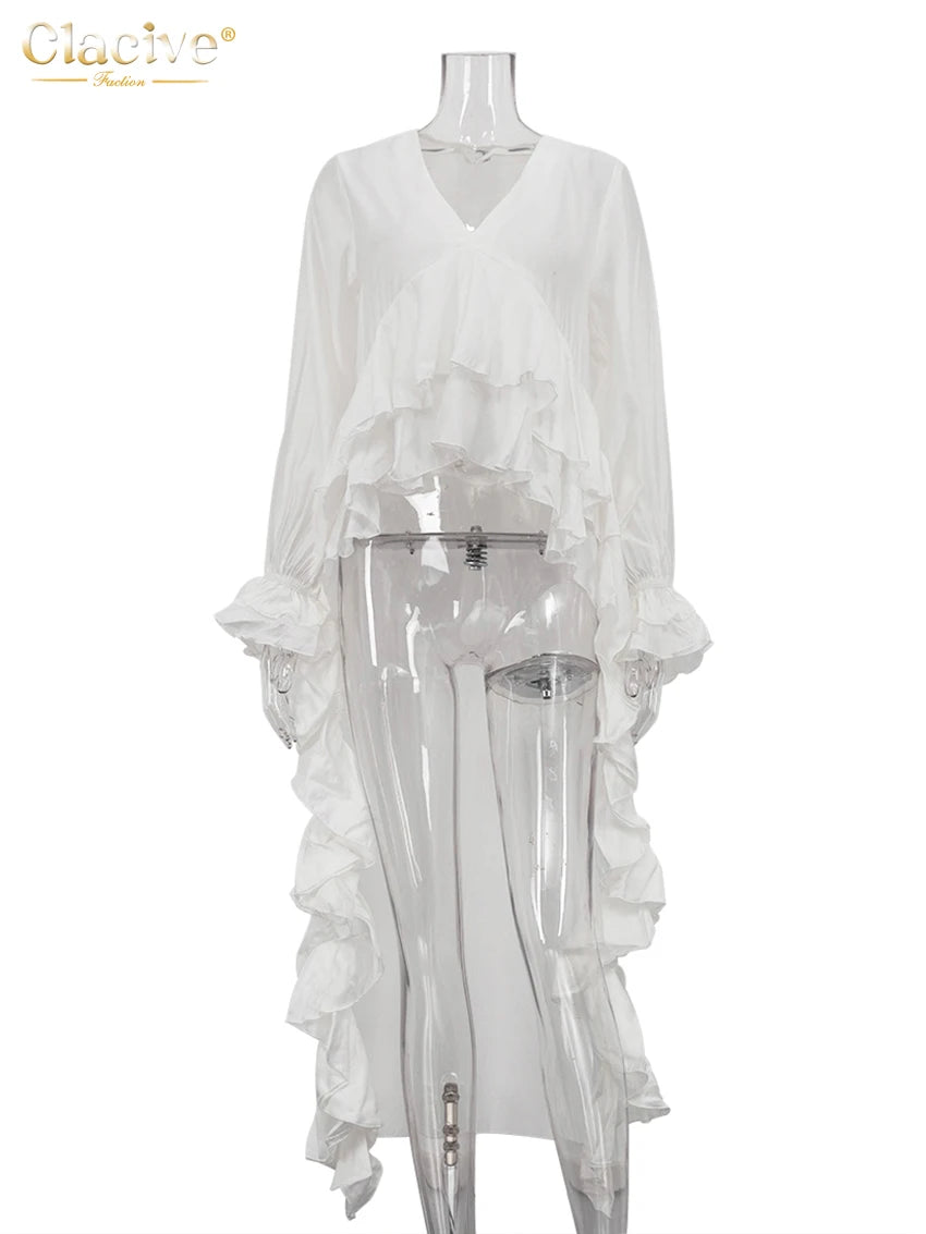 Clacive Sexy Loose White Women's Shirt 2025 Fashion V-Neck Long Sleeve Shirts Elegant Ruffle Irregular Top Female Clothing