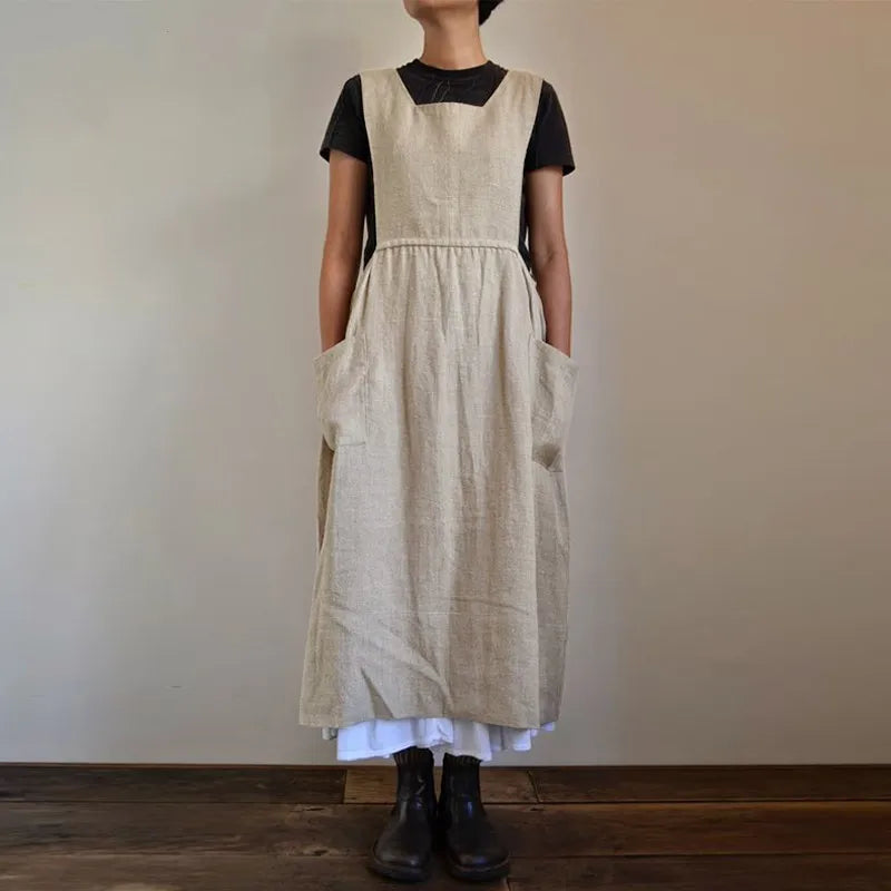 3 Color Oversized S-5XL Loose Cotton Linen Apron Midi Dress For Women Casual Pocket Homewear Solid Color Kitchen Uniform