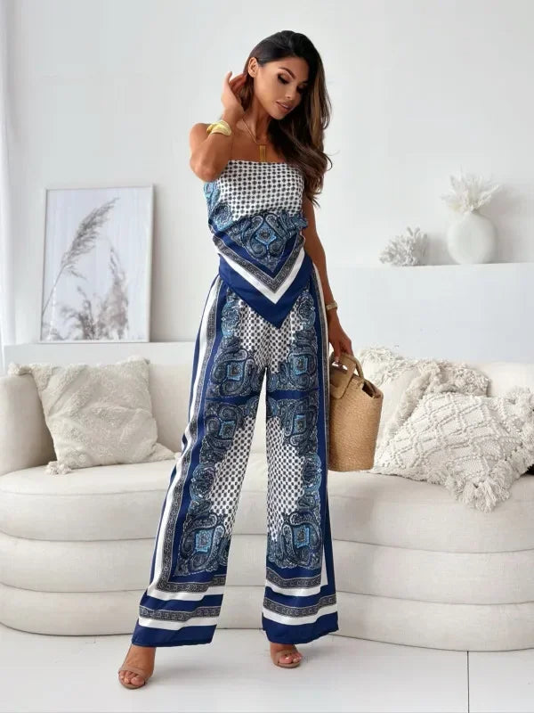 Stylish Printed Lace-Up Vest & Pants Two-Piece Set Summer Satin Print Women Casual Sling Lace Up Top Wide Leg Pants 2 Piece Set