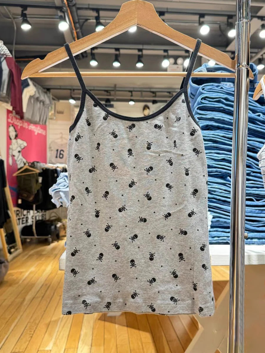 Skull Print Gray Vest Pants 2 Pieces Set Pajama Woman Sleeveless Slim Tank Top High Waist Straight Long Pant Cotton Vintage Sets