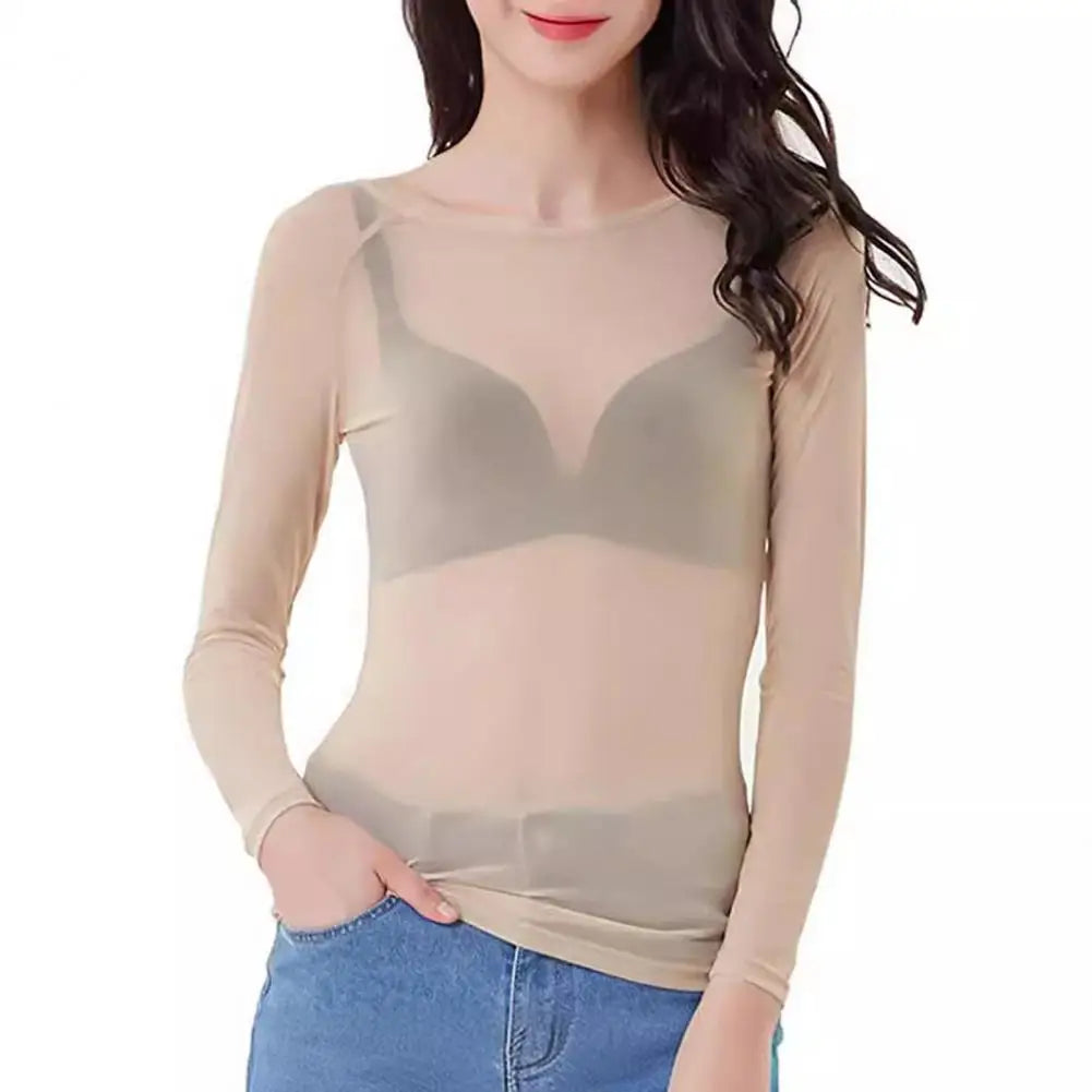 Women Mesh Bottoming Shirt See through O Neck Long Sleeve Lady Blouse Slim Fit Sexy Clear Sun Gauze Tops