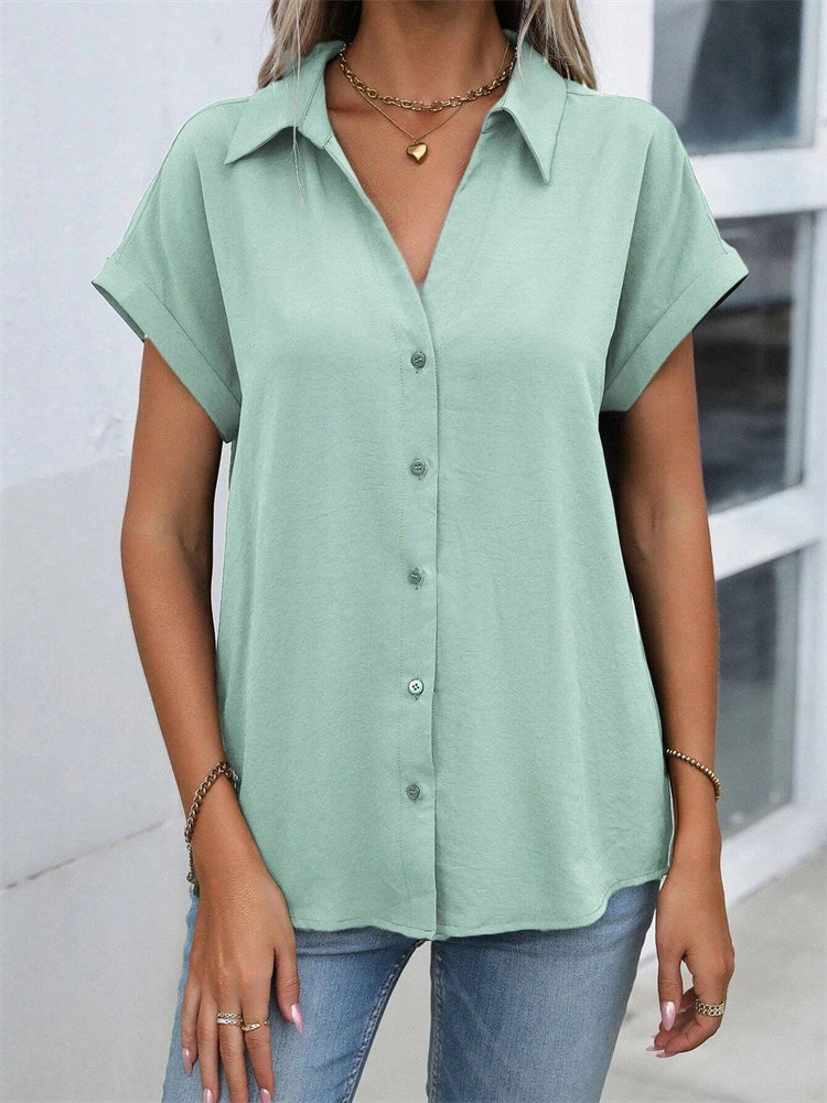 2025 Spring And Autumn New Solid Color Short-sleeved Shirt Fashion Loose Temperament Shirt Folding Blouse Ms. Home Rest Shirt