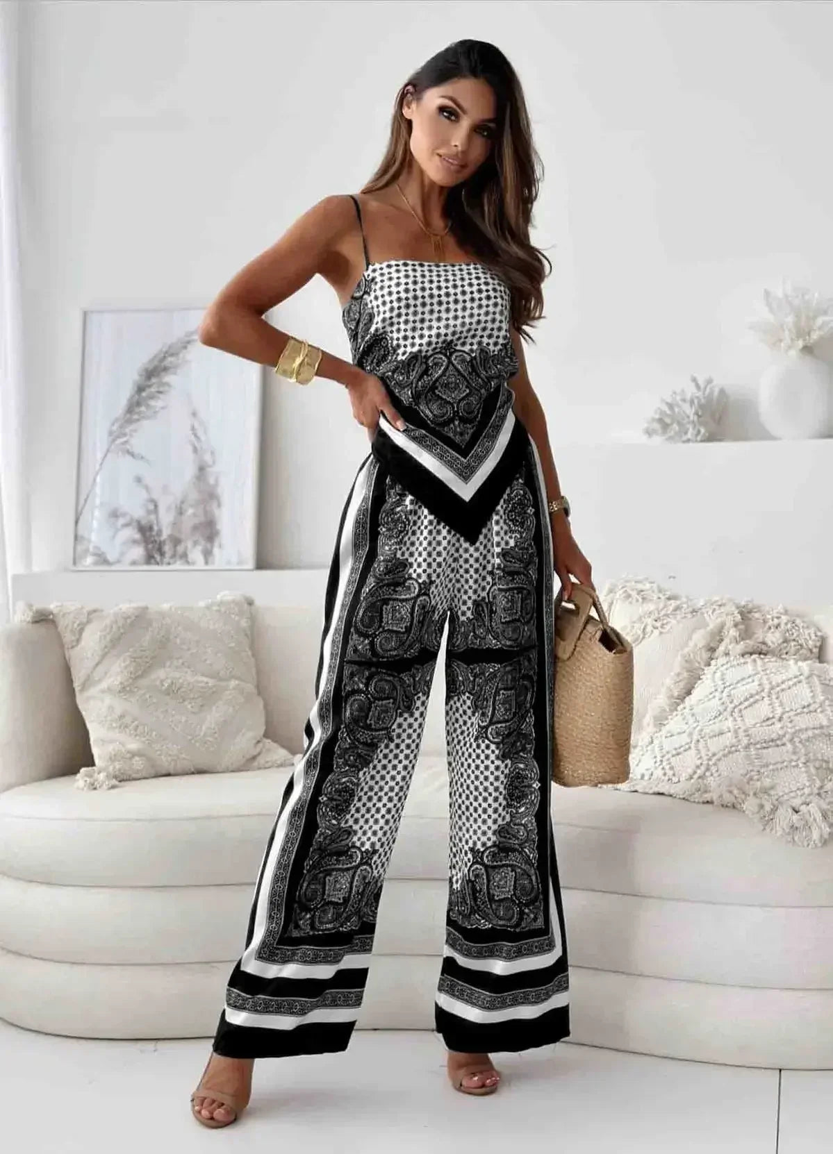 Stylish Printed Lace-Up Vest & Pants Two-Piece Set Summer Satin Print Women Casual Sling Lace Up Top Wide Leg Pants 2 Piece Set