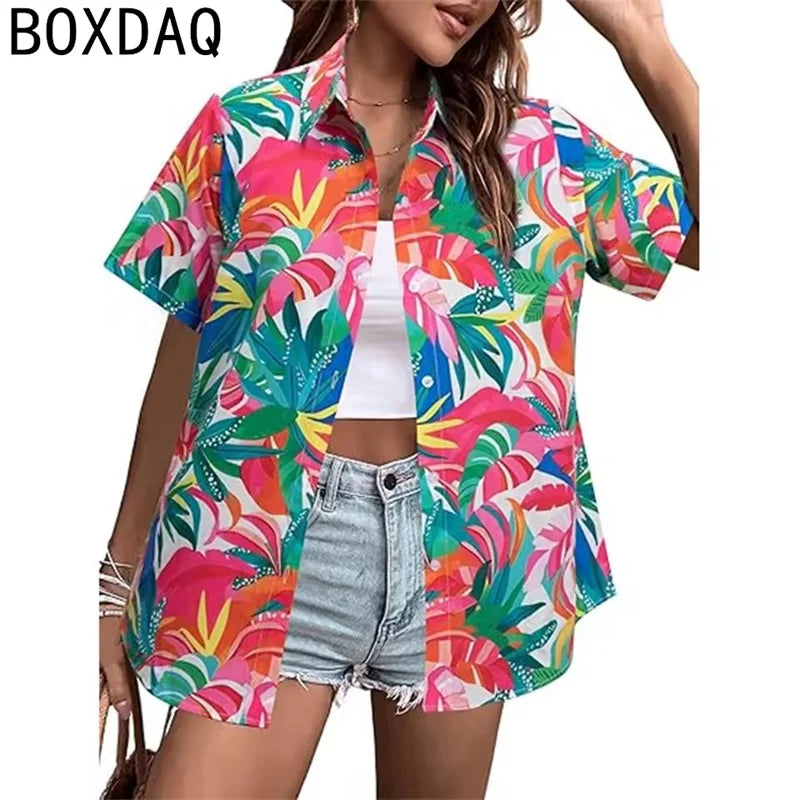 Tropical Coconut Tree Print Women's Hawaii Style Shirt Summer Lapel Short Sleeve Single Breasted Casual Personalized Shirt Tops