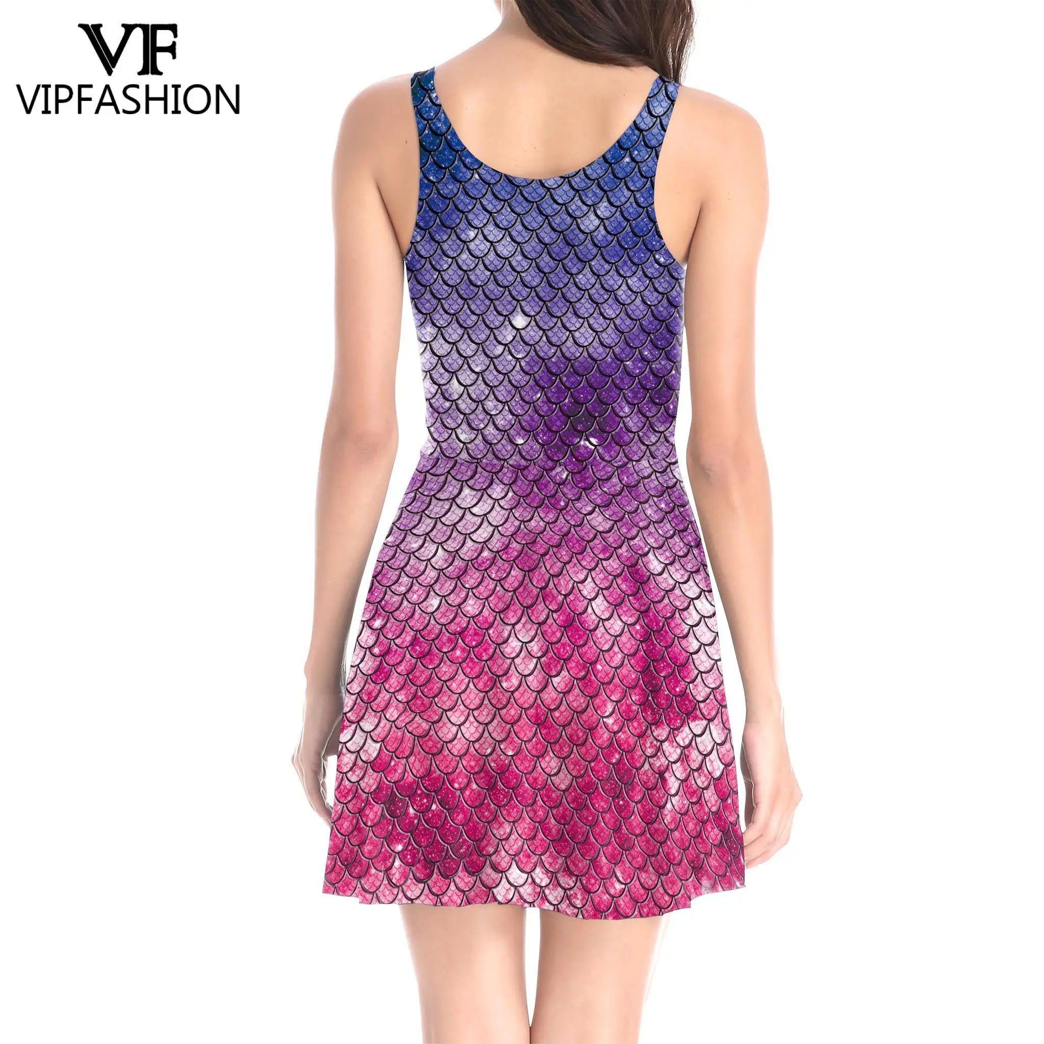 VIP FASHION Mermaid Tank Top Dress Summer Women Elegant One Piece Sexy Fish Scale Print Dresses Lady Sleeveless Cosplay Outfits