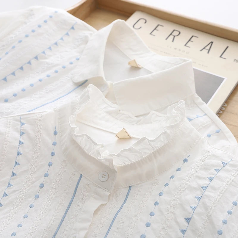 Embroidery Cotton Women's Long Sleeve Shirts 2024 Autumn New Art Jacquard Ladies Lace Collar White Casual Blouses & Tops
