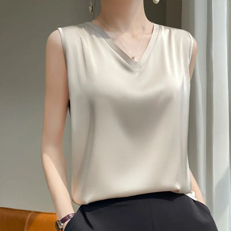 V-Neck Silk Vest Women's Summer Short-Sleeved Blouse With Acetic Acid Satin Top Sleeveless Bottoming Shirt YTM A39